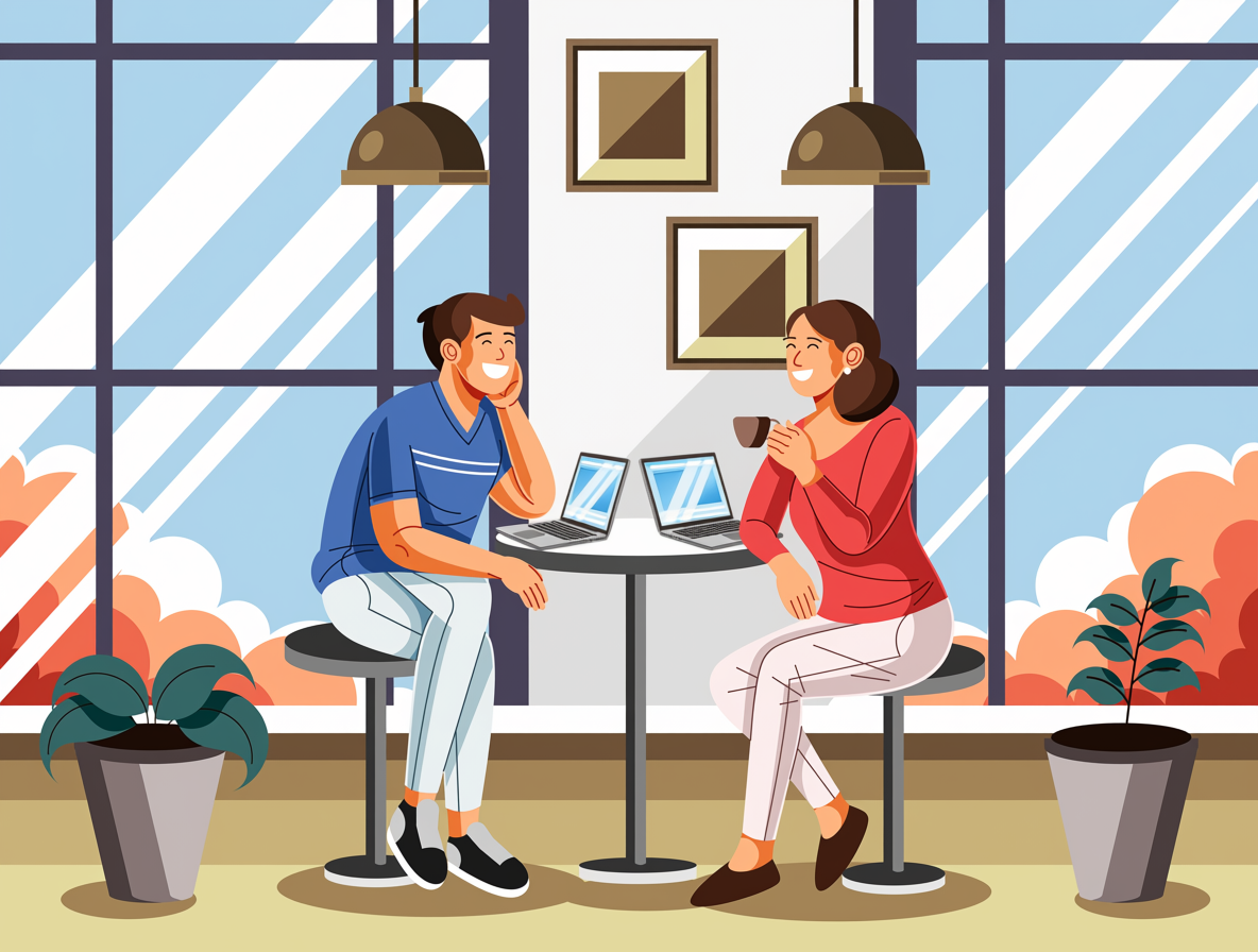Ilustração de duas pessoas a conversar sobre as contas num café, com portáteis na mesa